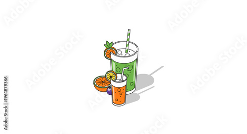 Refreshing Green Smoothie and Orange Juice with Fresh Fruits.