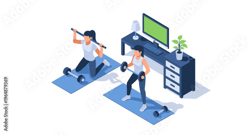 Two women exercising at home with weights and a fitness bar, following an online workout on a TV screen.