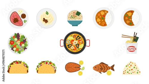 A vibrant collection of diverse culinary delights and international dishes presented in a clean, flat illustration style