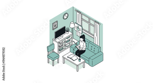 Woman relaxing in a cozy living room, enjoying her free time at home.