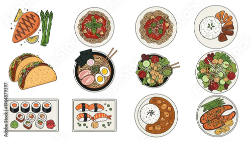Variety of delicious food and dishes from around the world, including sushi, ramen, tacos, and salads