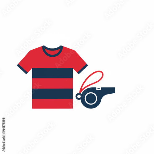 Flat vector illustration of a soccer jersey and whistle, minimalist layout, ample white space, limited palette of red and navy blue, crisp clean lines, sports gear concept, flat vector