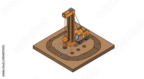 Isometric illustration of a drilling rig at a construction site, preparing for foundation work.