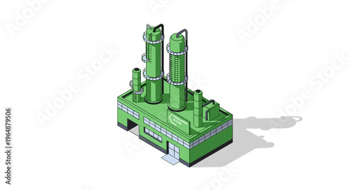 Isometric illustration of a green industrial factory building with tall cylindrical structures.