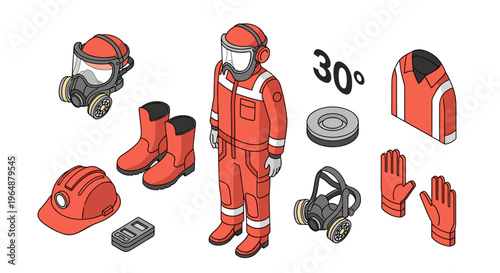 Isometric illustration of a worker in a protective suit and various safety equipment.