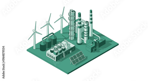 Isometric illustration of a sustainable energy power plant.