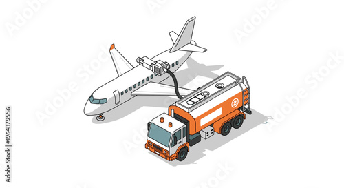 Isometric illustration of an airplane being refueled by a fuel truck on a white background.