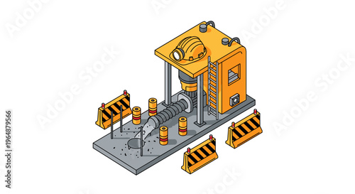 Isometric illustration of an industrial construction site with machinery and safety barriers.