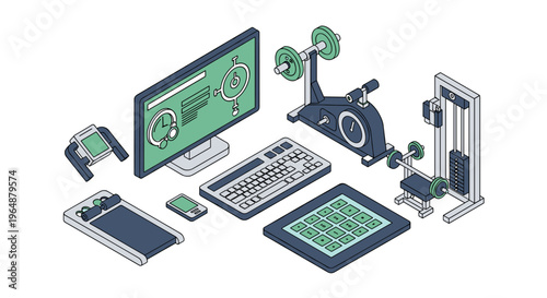 Isometric illustration of fitness and technology devices for a healthy lifestyle.