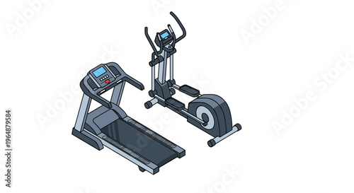 Isometric illustration of modern gym equipment, including a treadmill and an elliptical machine, for fitness and exercise.