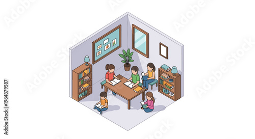 Isometric illustration of students studying together in a classroom.