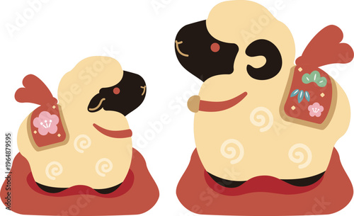 年賀2027　未年の年賀状素材　羊の親子の土鈴イラスト　かわいい　アイコン　飾り　シンプル　縁起物