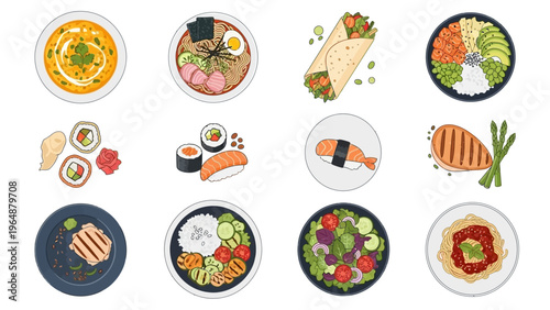 A vibrant and diverse collection of delicious food dishes and meals presented in a clean, top-down illustrative style