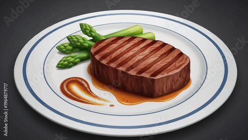 Grilled steak with asparagus and sauce on a white plate, a delicious and healthy meal for any occasion