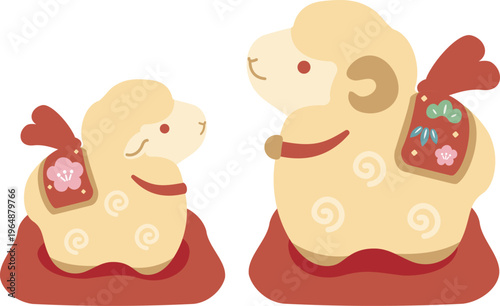 年賀2027　未年の年賀状素材　羊の親子の土鈴イラスト　かわいい　アイコン　飾り　シンプル　縁起物