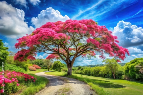 A Serene Landscape Featuring a Majestic Pink-Flowered Tree and a Winding Path
