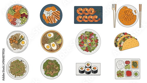 Various dishes and meals, including sushi, tacos, salads, and curries, displayed from a top-down perspective