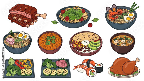A vibrant collection of diverse and delicious food illustrations, featuring meats, seafood, and vegetarian dishes