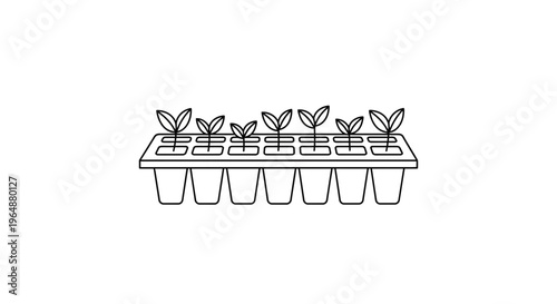 Minimalist line icon of healthy plant saplings in a nursery tray symbolizing new beginnings and