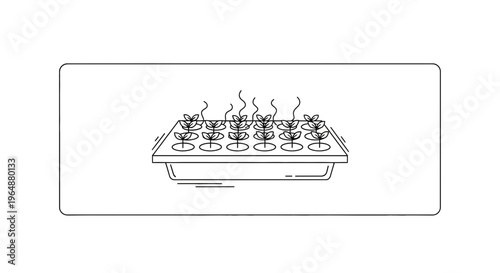 Outline icon depicting new plant seedlings growing in a propagation tray under ideal conditions