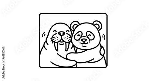 Charming black and white illustration depicting a happy walrus and panda in a warm, gentle embrace