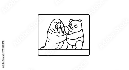 Charming cartoon illustration of a friendly walrus and panda sharing a cheerful moment together