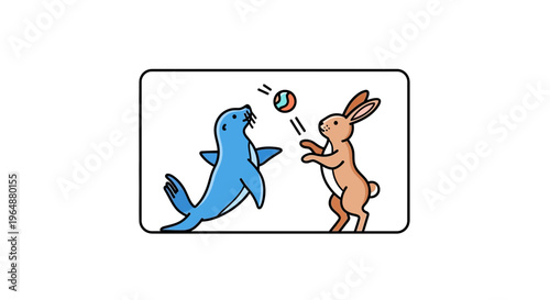 A whimsical illustration featuring an aquatic mammal and a terrestrial lagomorph engaging in a