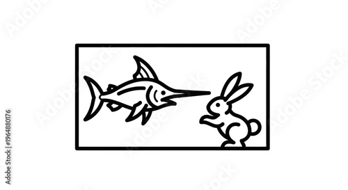 Surreal minimalistic line illustration of an unlikely encounter between a marine swordfish and a