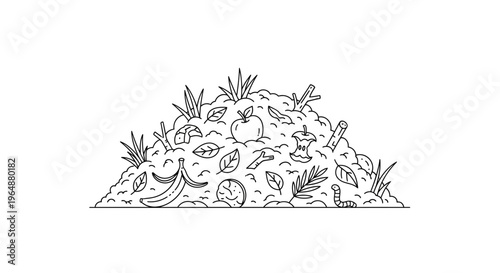 Line art depiction of a thriving organic matter decomposition mound with varied garden refuse and