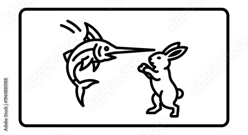 Whimsical minimalist line art illustrating an improbable encounter between a jumping swordfish and