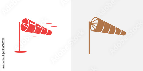 Red and brown wind turbines on poles renewable energy