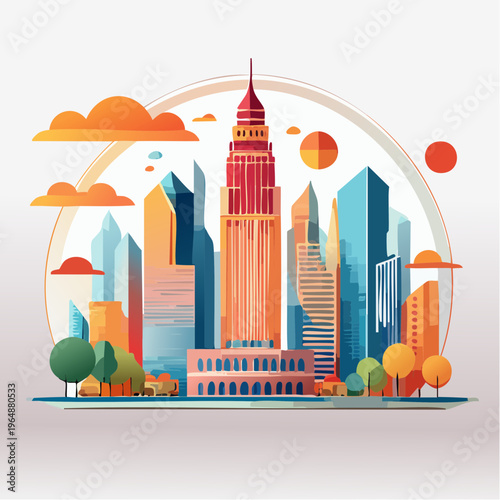 Vibrant cityscape illustration featuring modern skyscrapers and urban greenery in a stylized design