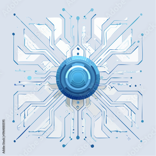 Abstract futuristic technological circuit board with blue glowing center and intricate lines