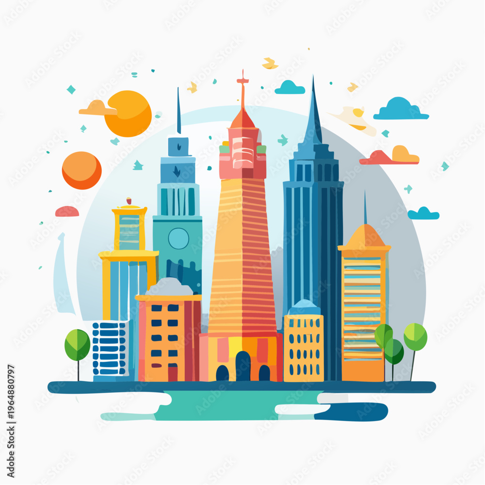 Fototapeta premium Abstract cityscape illustration featuring colorful skyscrapers and whimsical clouds