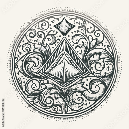 Hand-drawn mystical amulet with intricate botanical flourishes and enigmatic geometric symbolism