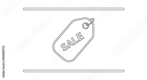 Minimalist monochrome line art illustration of a retail promotional discount tag with 'SALE' text