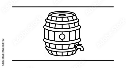 Simple black and white line art illustration of a classic wooden barrel with a dispensing tap design