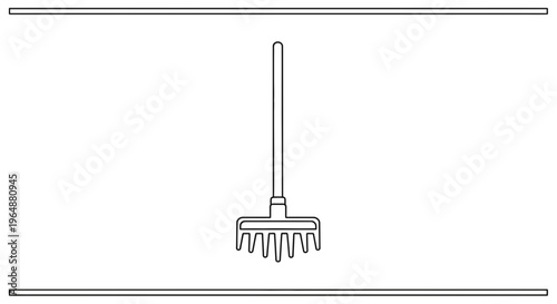 Simple line art illustration of a garden rake on a clean white background for various design