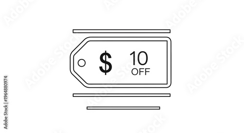 Clear outline icon representing a ten-dollar discount tag for retail promotions and savings