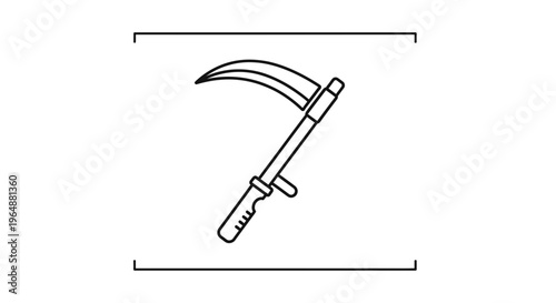 Traditional farm implement for cutting grass and grain, depicted in a simple outline style graphic