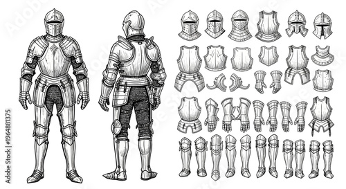 Medieval knight armor components and full suits illustration