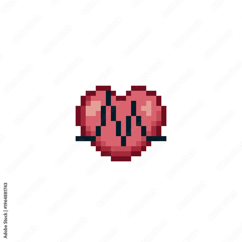 Fototapeta premium Vital Health Pixel Art Heart Icon with Electrocardiogram EKG Line