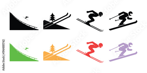 Skiing silhouettes in different colors and poses skiers