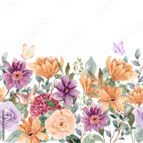 Seamless Border made with watercolor pastel fragile wildflowers, stems and tiny leaves, isolated illustration. Floral element for wedding stationery and greetings cards