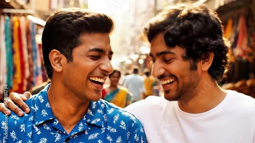 Two men laughing and smiling at each other on a busy street