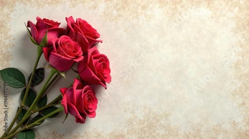 A cluster of vibrant crimson roses elegantly arranged on an antique parchment background, creating a sophisticated and romantic composition.