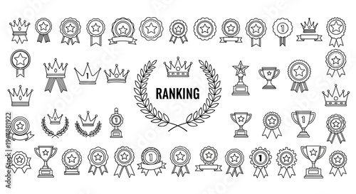 Collection of ranking icons including crowns stars trophies and ribbons for awards and recognition