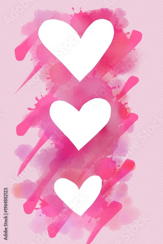 Watercolor pink hearts with paint splashes on textured paper, romantic design background