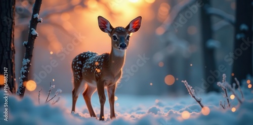 A young fawn stands in a winter wonderland, bathed in the golden light of a setting sun, its spotted coat contrasting beautifully against the pristine snow.