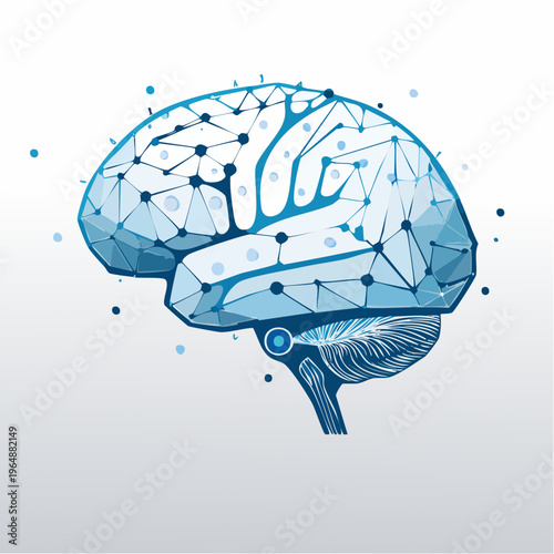 Abstract blue geometric brain illustration with connections and nodes